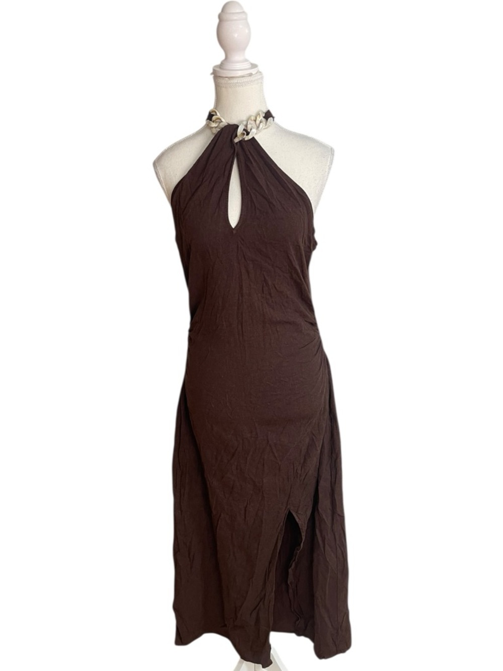 Zara Brown Halter Midi Dress with Chain Detail